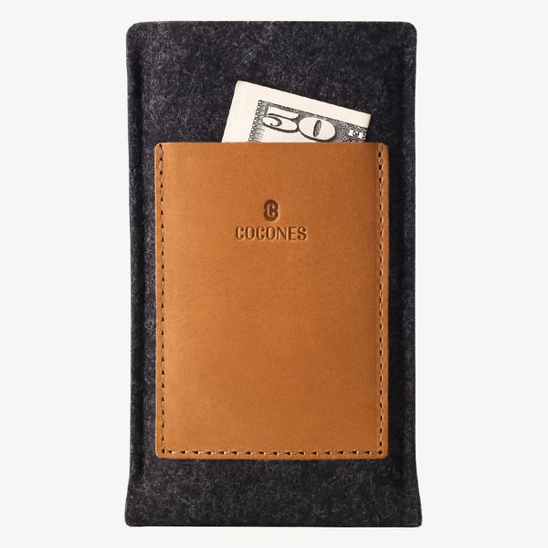 Cocones | Felted wool & leather Card Wallet Sleeve, iPhone 11 / Pro / Max - Smokey Grey / Tan Cocones | Felted wool & leather Card Wallet Sleeve, iPhone 11 / Pro / Max - Smokey Grey / Tan
